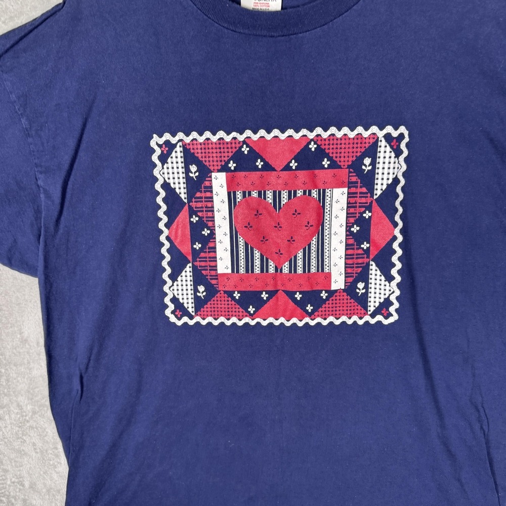 Vintage Oneita Shirt Mens 2XL Blue Patchwork‎ Heart Quilt Graphic Made USA 90s - Picture 2 of 9